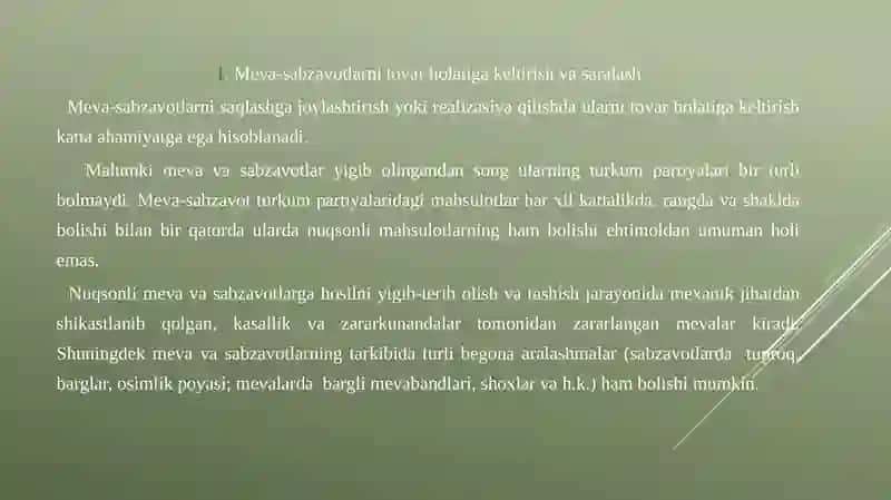 Meva-sabzavotlarni tovar holatiga keltirish, saralash 2