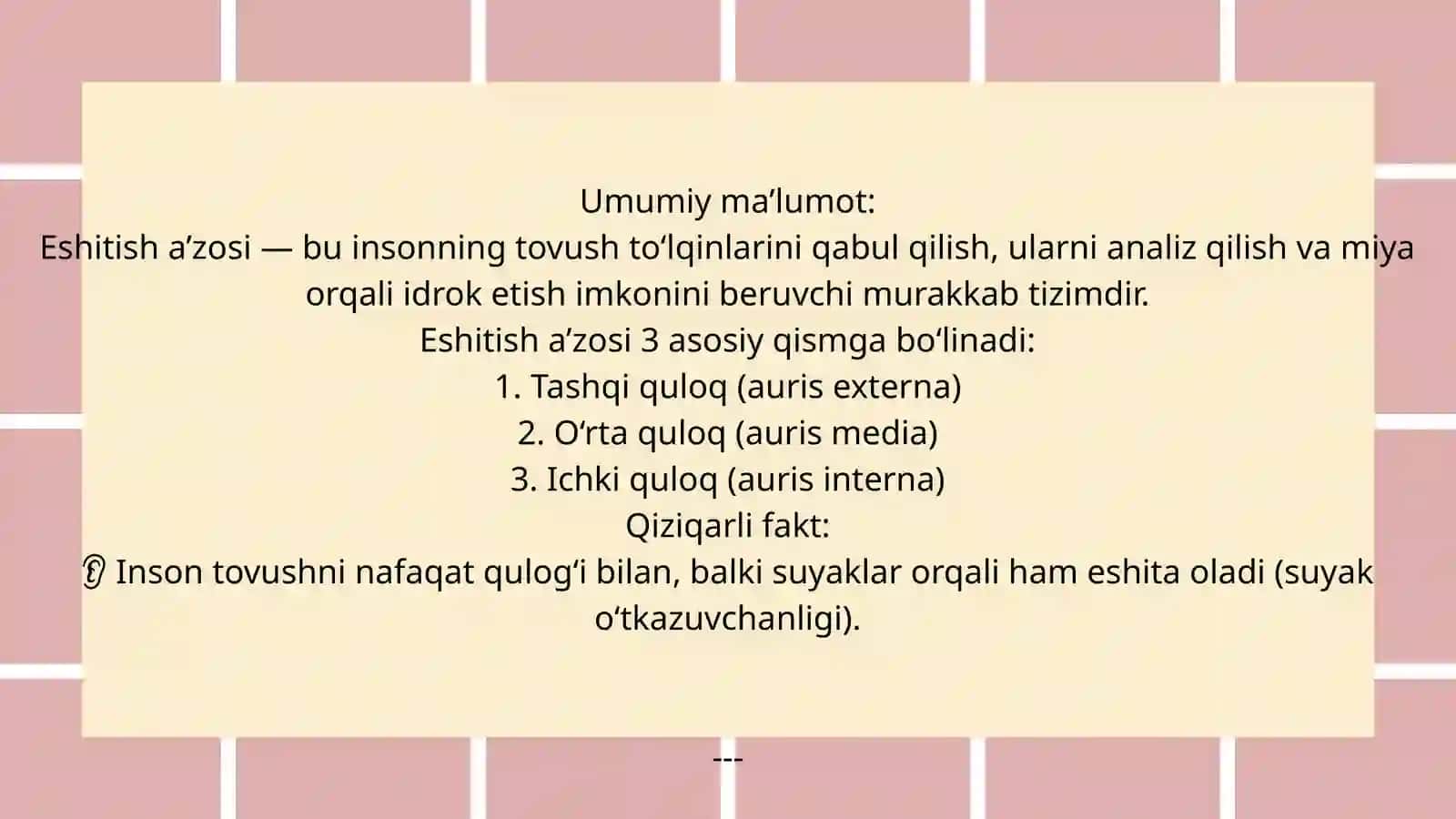 Eshitish a'zosi.Tashqi va òrta quloqning vazifaviy va yoshli anatomiyasi.Ichki quloq 2