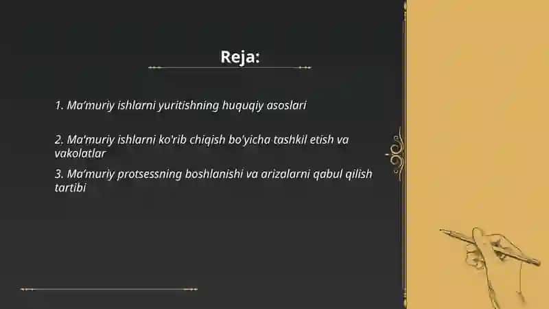 Mavzu: Maʼmuriy huquqbuzarlik toʼgʼrisidagi ish yuritishni taʼminlash choralari 2