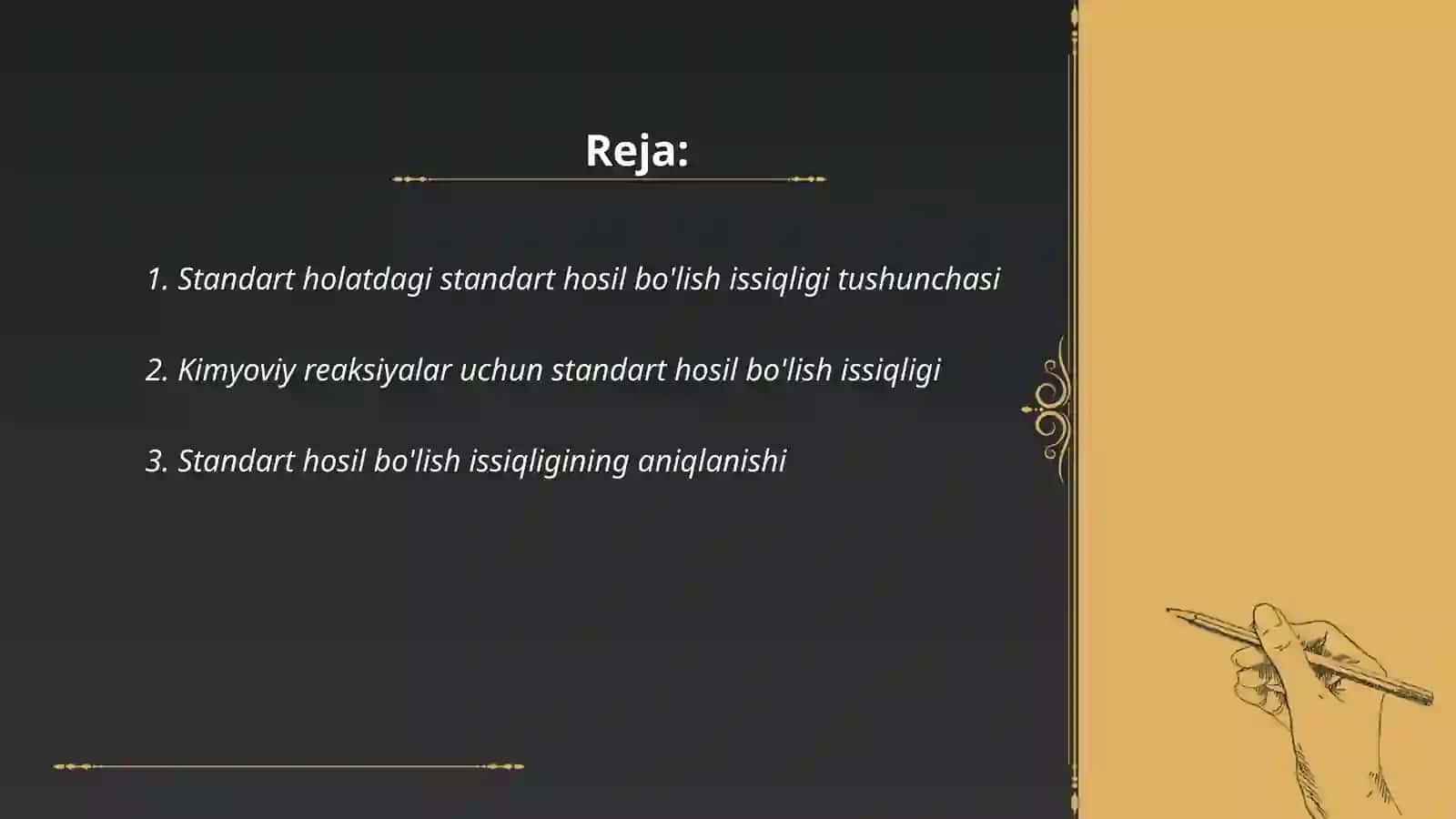 Standart holatdagi standart hosil bo'lish issiqligi haqidagi tushuncha.gibbs energiyasining o'zgarishi va reaksiya yo'nalishi. Gel'mgol'tsning erkin energiyasi 2