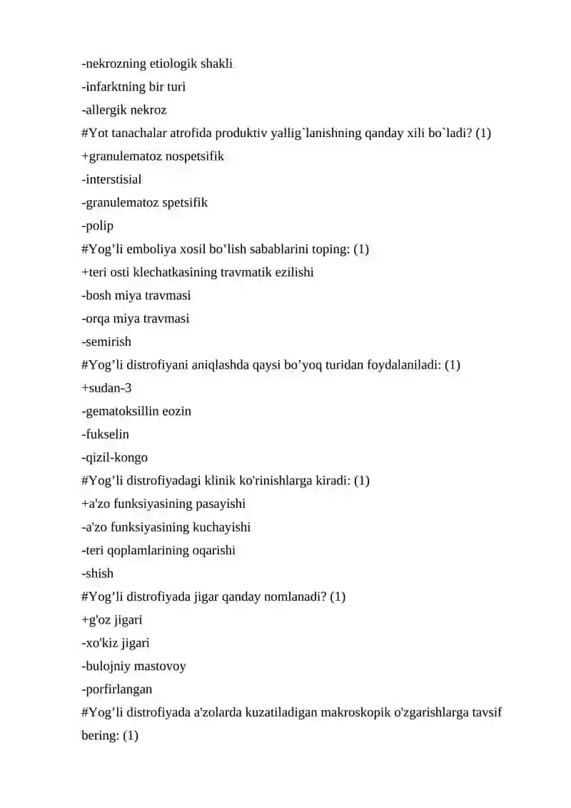 Patologik anatomiya fanidan 500 talik test, javoblari bilan 2