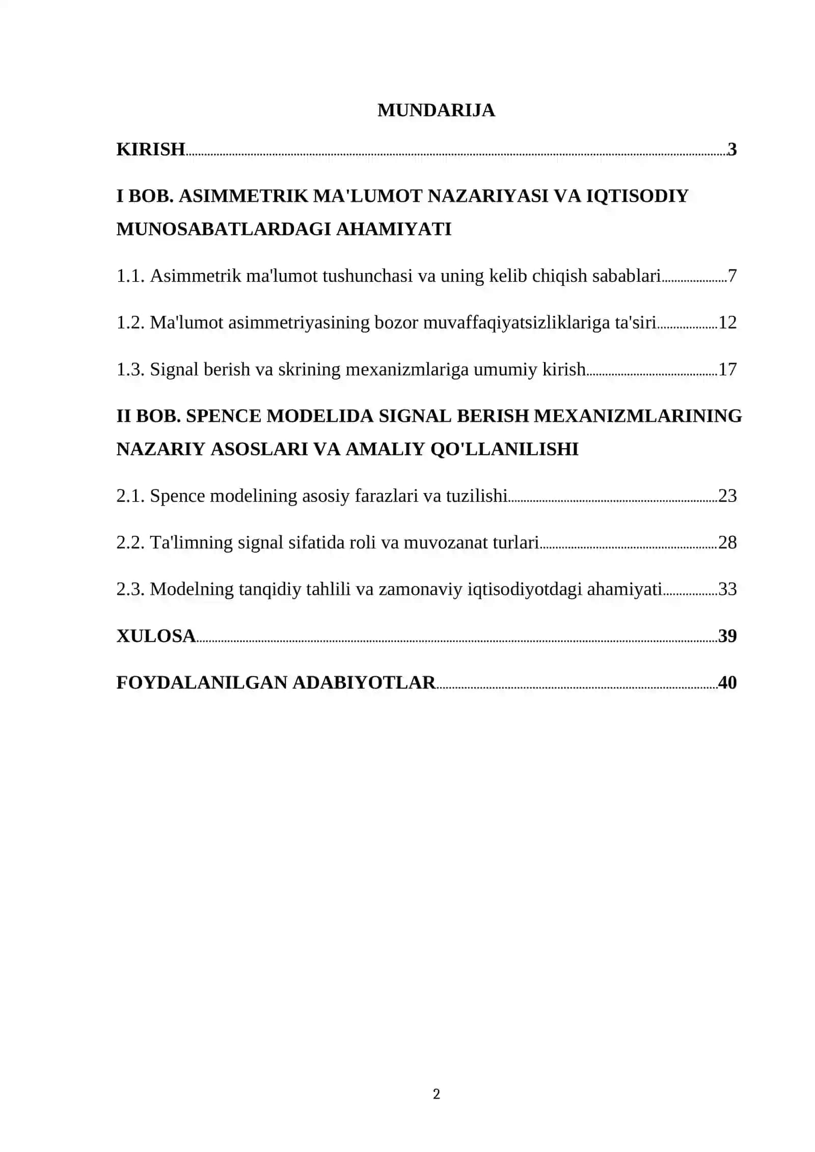ASIMMETRIK MA'LUMOT SHAROITIDA SIGNAL BERISH MEXANIZMLARI (SPENCE MODELI) 2