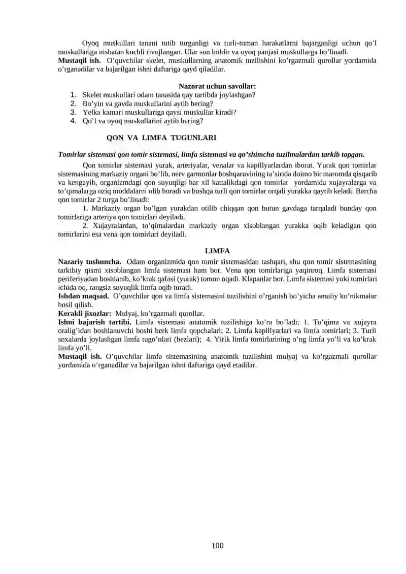Tayanch - harakat tizimi. Qon va limfa sistemasi tizimi. 2