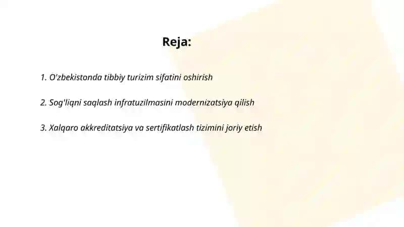 O'zbekistonda Tibbiy Turizimni Rivojlantirish Maqsadlari 2
