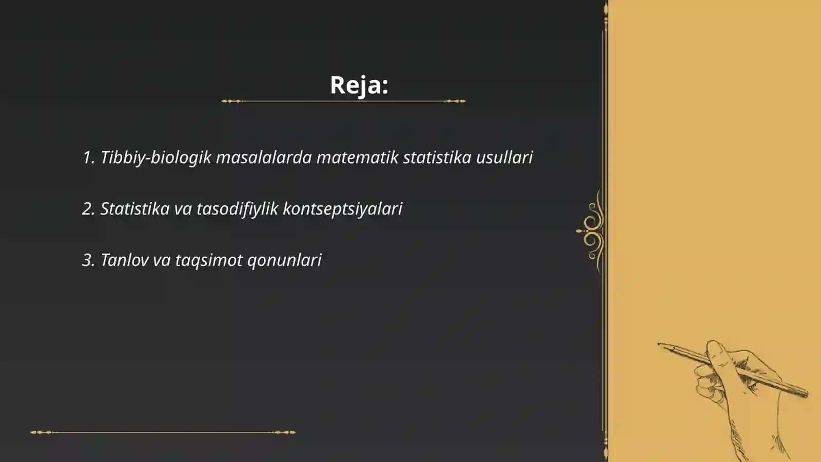 Tibbiy-biologik masala misolida matematik statistika elementlari, general va tanlov majmualar, tasodifiy kattaliklarning taqsimot qonunini yoritib berish 2