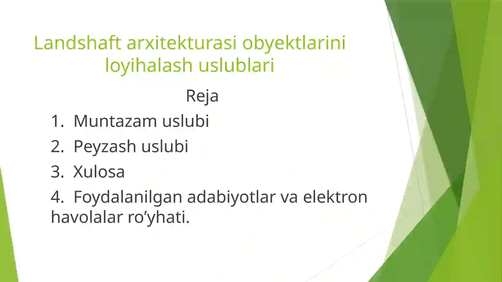 Shaharsozlik va landshaft loyihalash fanidan taqdimot ishi 2