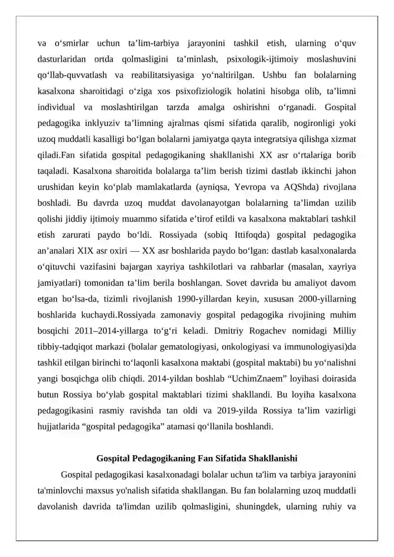 Gospital pedagogika: fan sifatida shakllanishi va rivojlanish tarixi 2