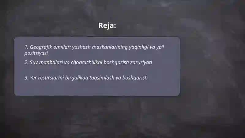 Urugʻ-qabila tuzumida ularning birlashuviga olib kelgan omillar toʻgʻrisida taqdimot tayyorlash 2