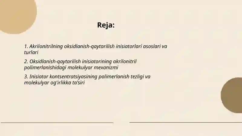Akrilonitrilning oksidlanish-qaytarilish inisiatori bilan polimerlanishi 2