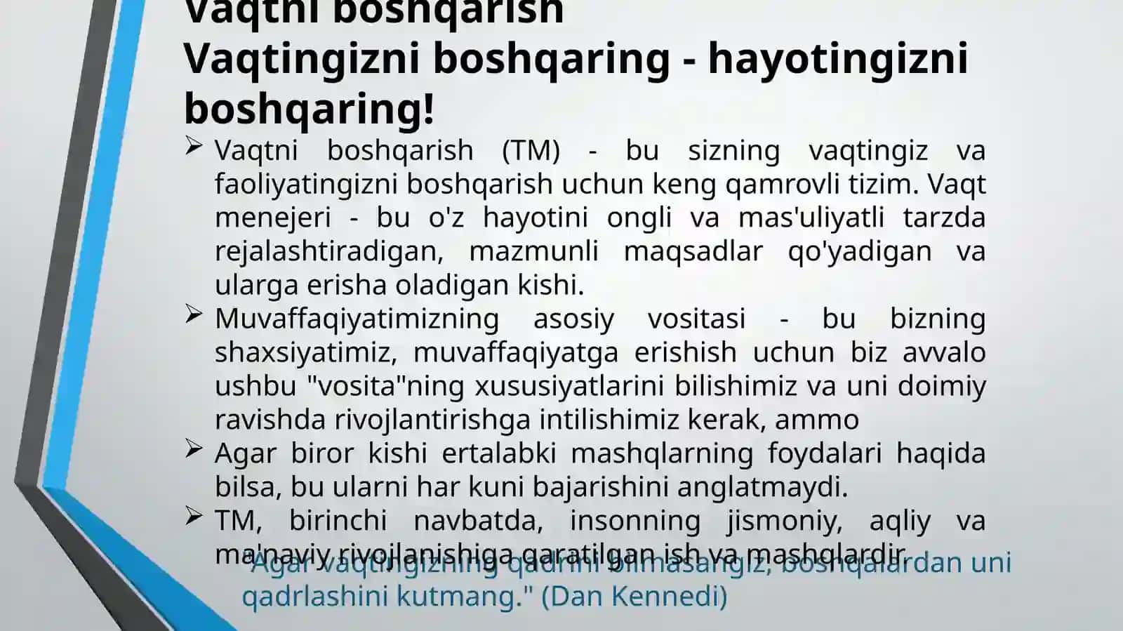 Taym-menejment o‘qish va ishda vaqtni samarali boshqarish usullari. 2