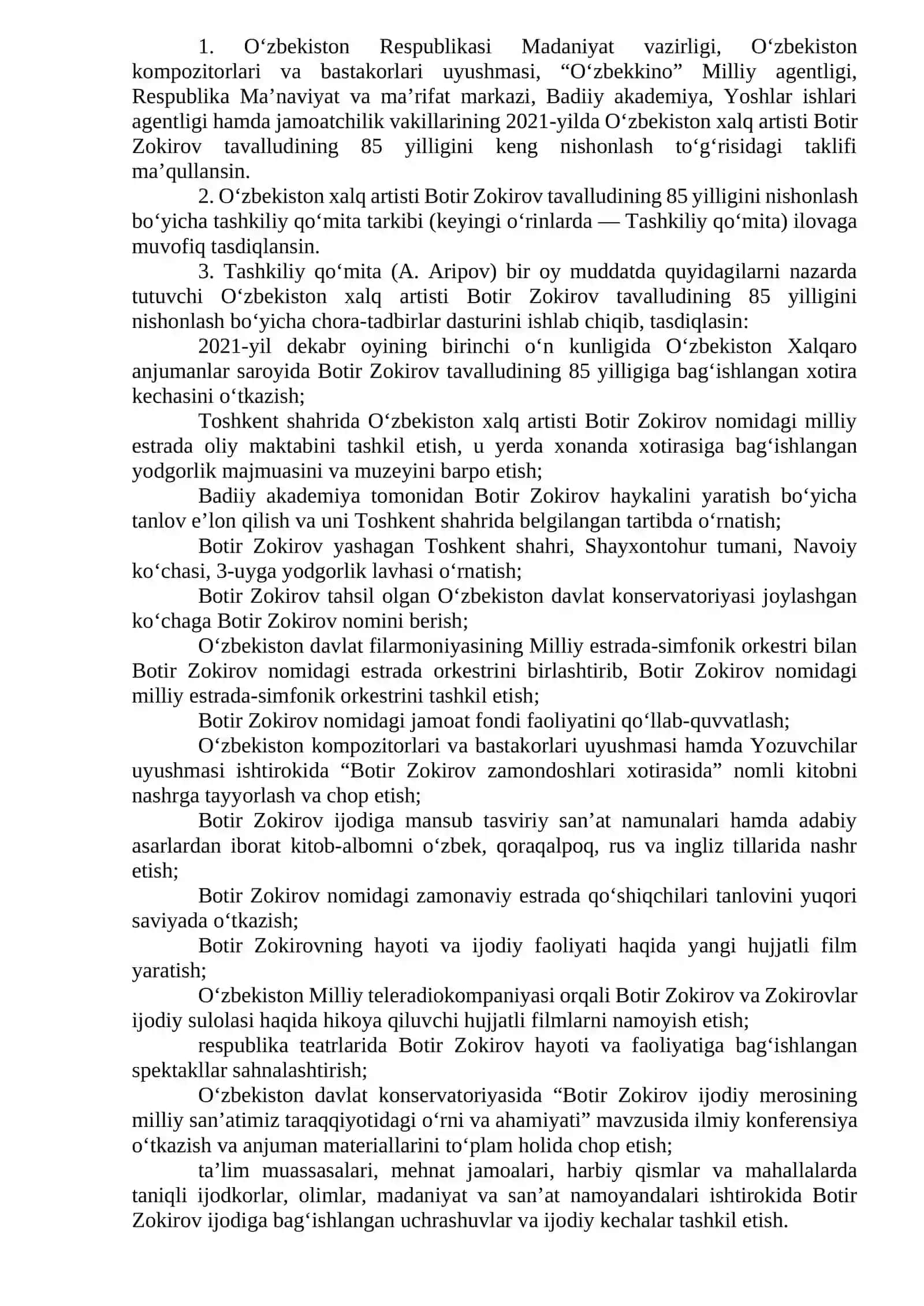 O'zbekiston estrada asoschisi, kompazitor Botir Zokirov tavalludining 85 yilligi 2