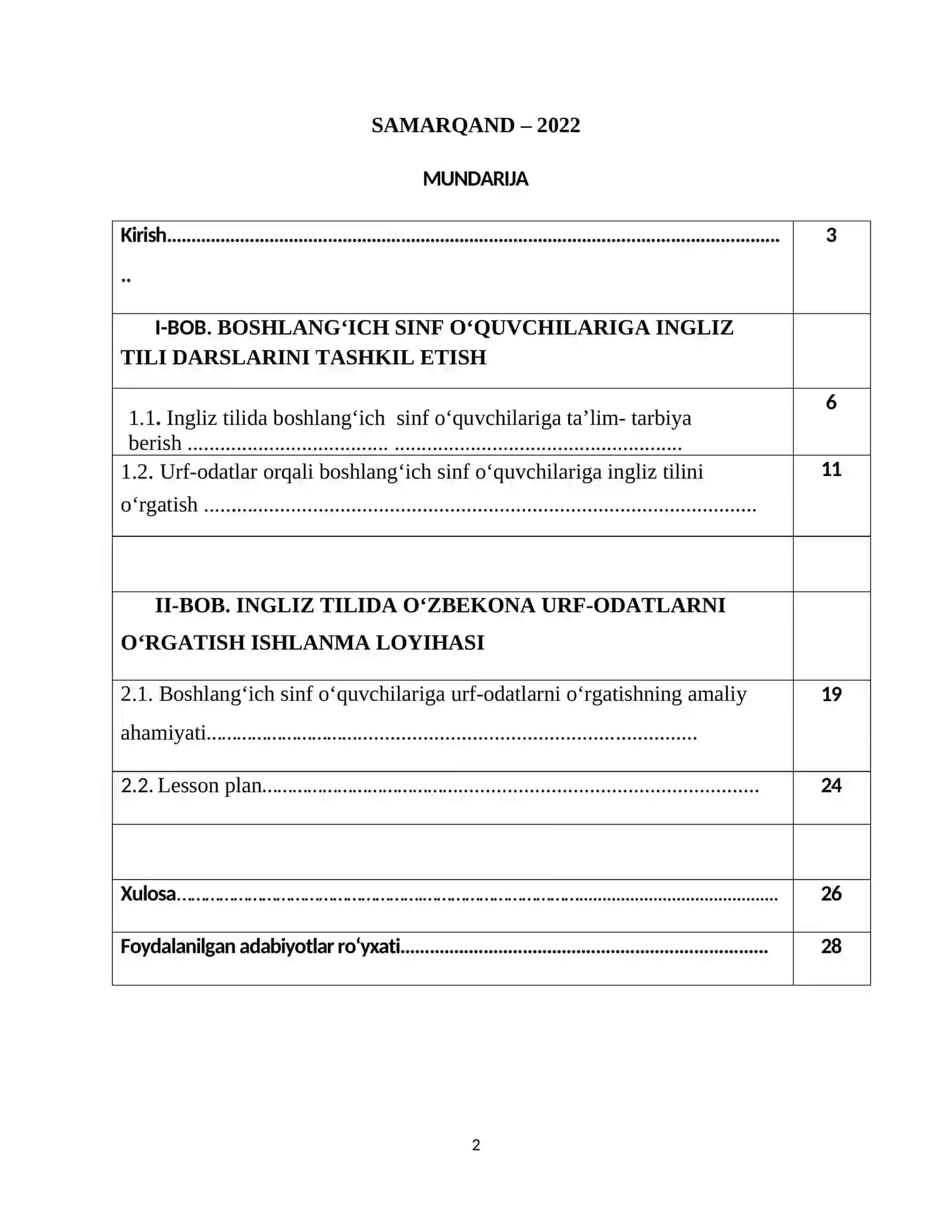INGLIZ TILIDA OʻZBEKONA URF-ODATLARNI OʻRGATISH ISHLANMA LOYIHASI 2