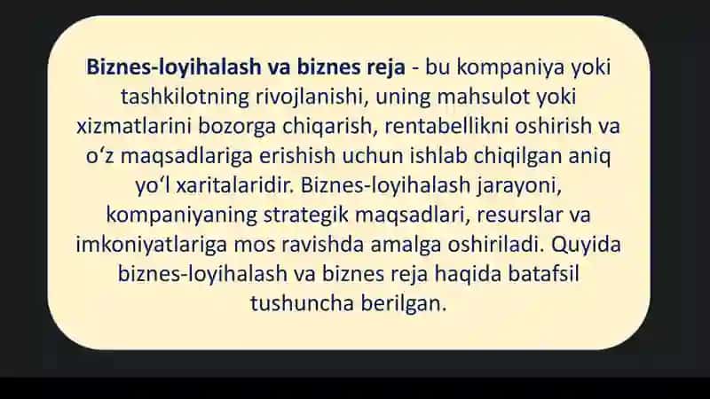 Biznes Loyihalash va Biznes Reja 2