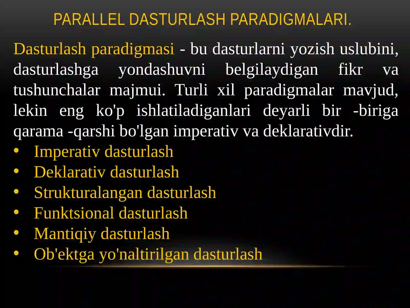 Parallel dasturlash paradigmalari. Sinxron va asinxron aloqa. Parallel dasturlash usullari va vositalari. 2