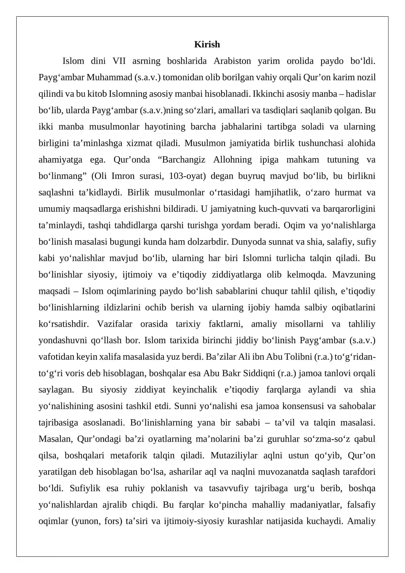 Islom oqimlari va yo‘nalishlarining paydo bo‘lishi sabablari, eʼtiqodidagi bo‘linishlarning sabablari va oqibatlari 2