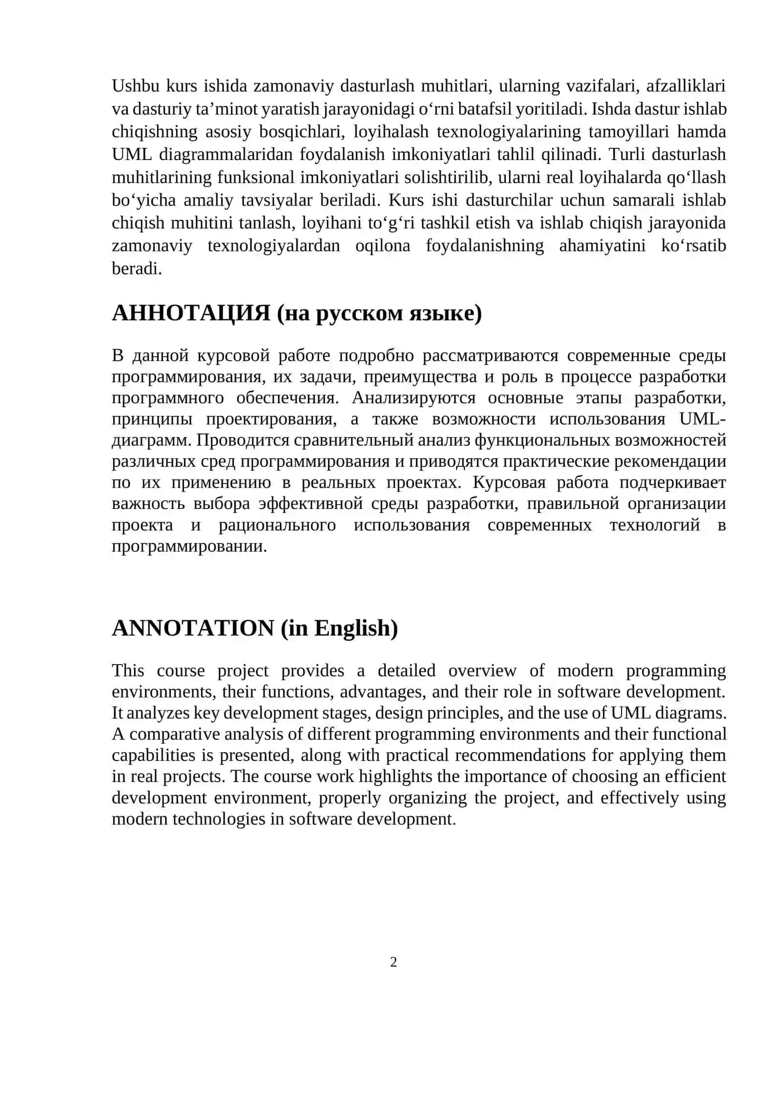Dasturlash Muhitlari va Loyihalash Texnologiyalari 2