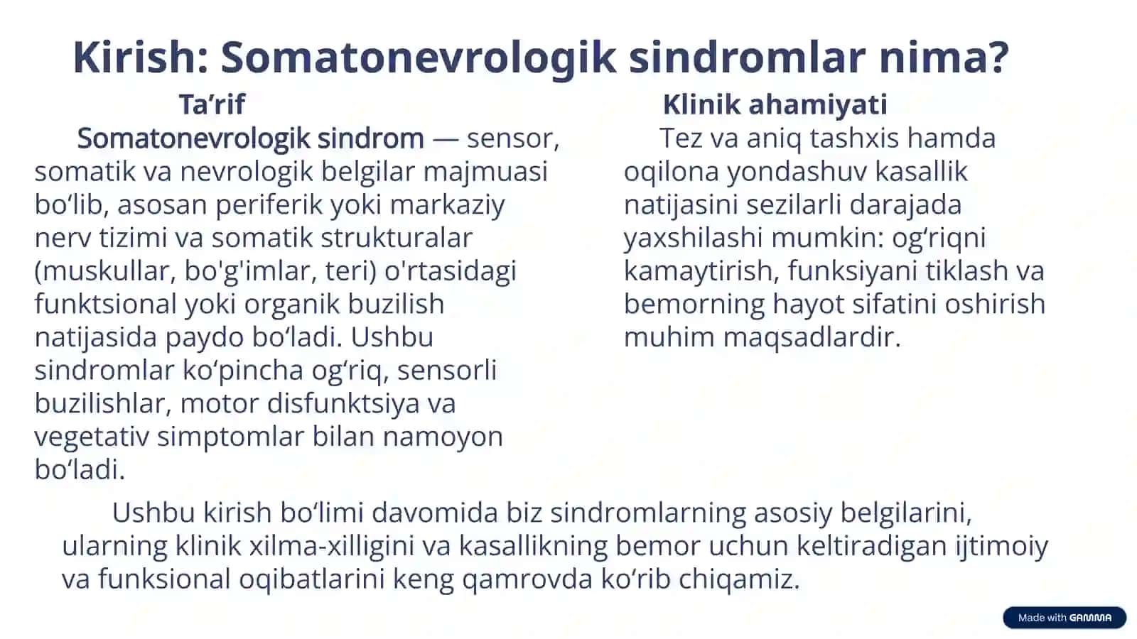 SOMATONEVROLOGIK SINDROMLAR. ASOSIY TUSHUNCHALAR VA YONDASHUVLAR 2