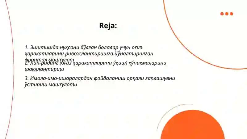 Эшитишда нуқсони бўлган болалар учун оғиз ҳаракатларини ривожлантиришга йўналтирилган фронтал машғулот 2