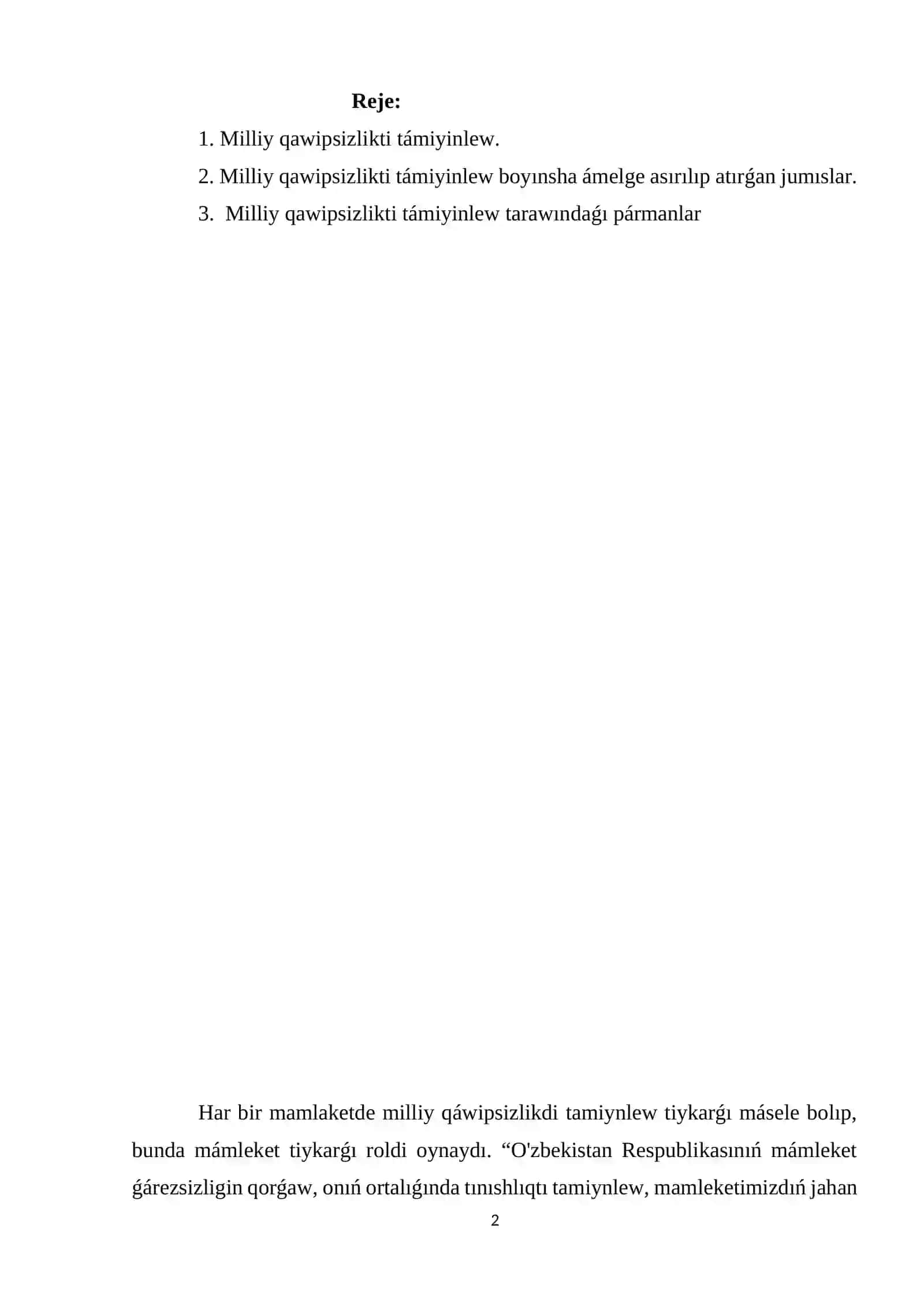 Milliy qáwipsizlikti támiynlew tarawında ámelge asırılǵan reformalar 2