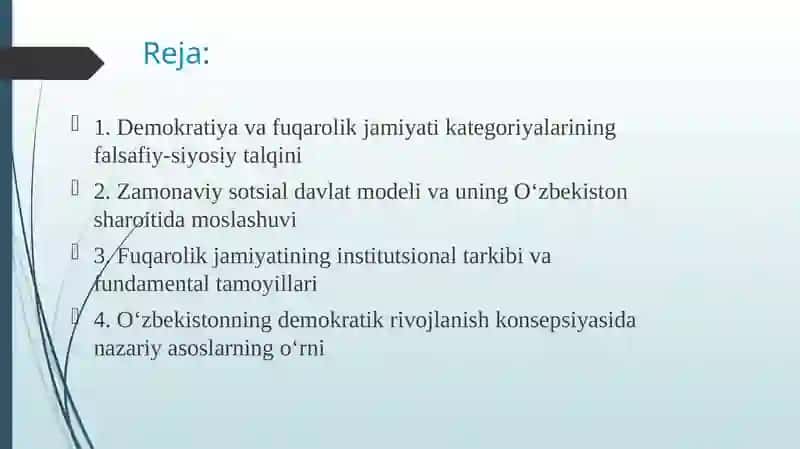 Oʻzbekistonda demokratik, fuqarolik jamiyati asoslarining shakllanishi, amalga oshirilgan siyosiy islohotlar 2