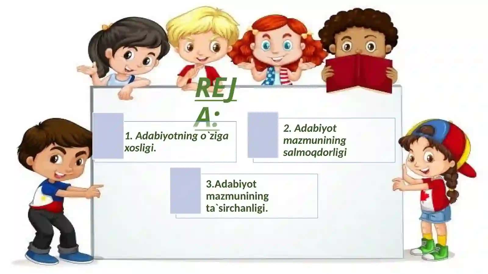 Adabiyot  mazmunining  o`ziga  xosligi.  Mazmunning  salmoqdorligi.Mazmunning  haqqoniyligi.  Mazmunning  universalligi,originalligi.Mazmunning  ta`sirchanligi 2
