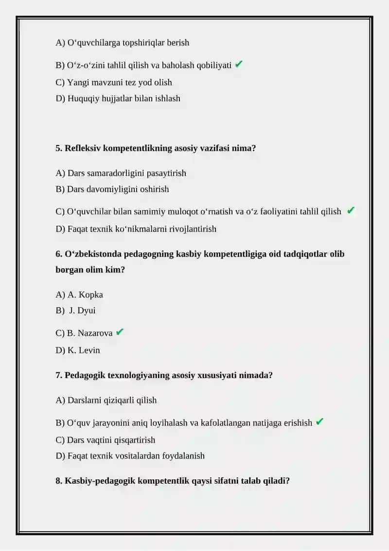Pedagoglarda kasbiy kompetentlikni rivojlantirish metodlari. TEST JAVOBLARI BILAN 2