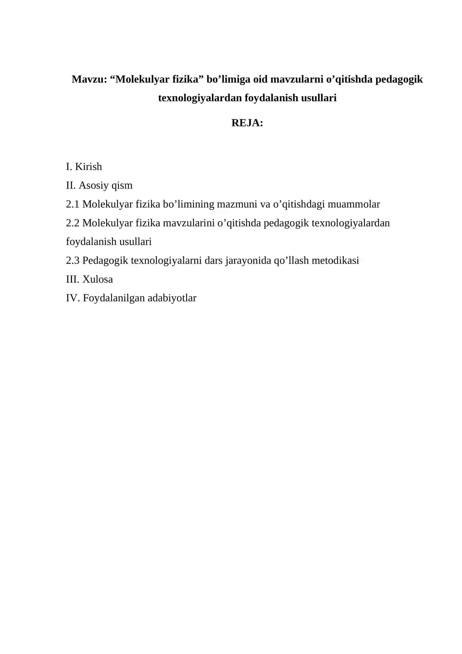 “Molekulyar fizika” bo’limiga oid mavzularni o’qitishda pedagogik texnologiyalardan foydalanish usullari 2