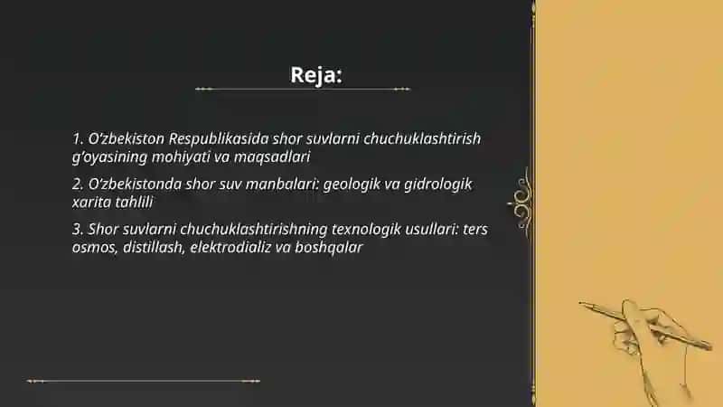 Oʻzbekiston respublikasda shõr suvlarni chuchuklashtirish ģoyasini yaratish 2