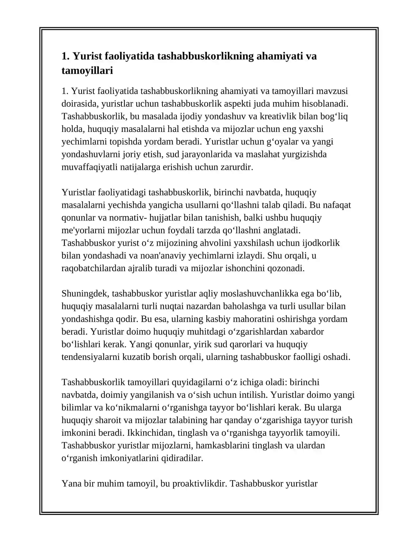 YURIST FAOLIYATIDA TASHABBUSKORLIK KREATIVLIK VA MASALAGA IJODIYYONDASHUV 2