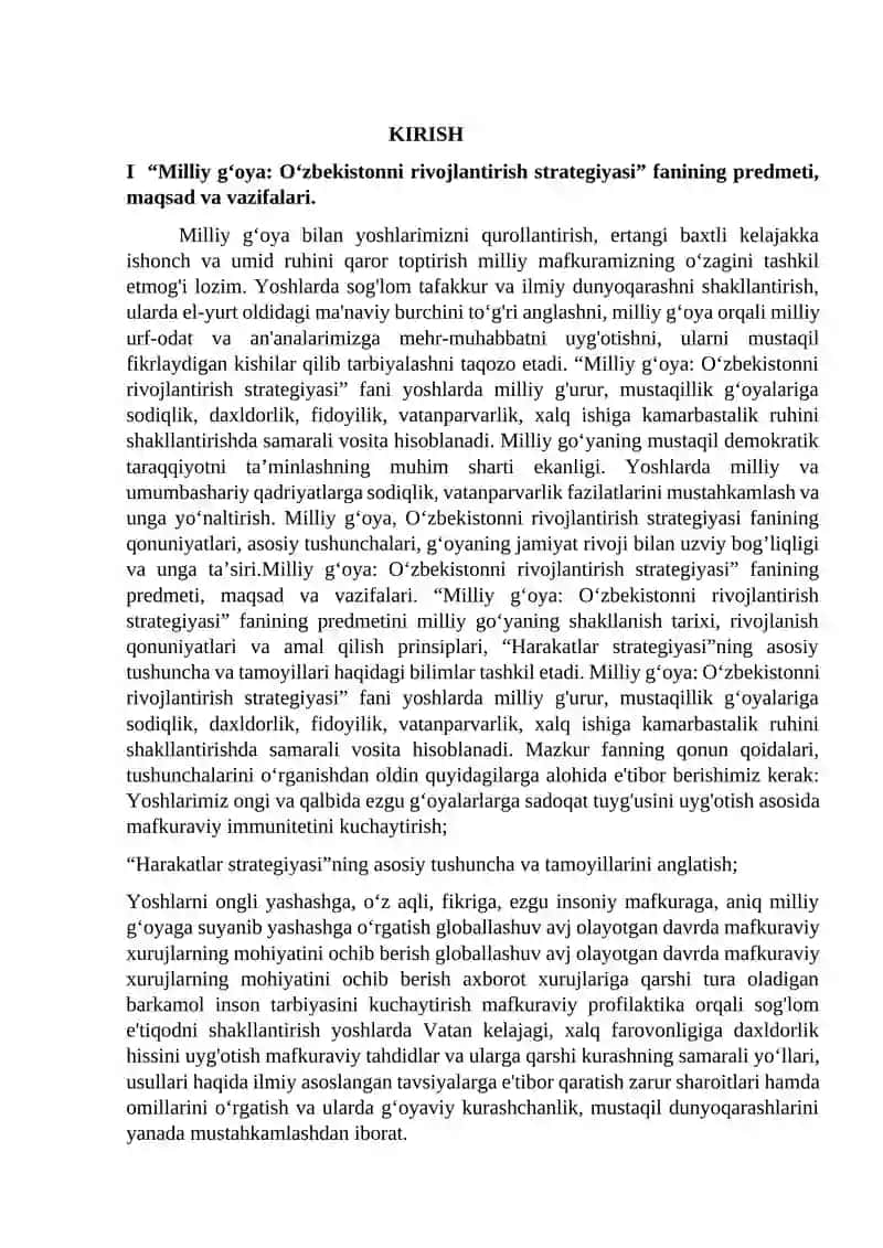 Milliy g’oya: O’zbekistonni rivojlantirish strategiyasi” fanining predmeti, maqsadi va vazifalari. 2