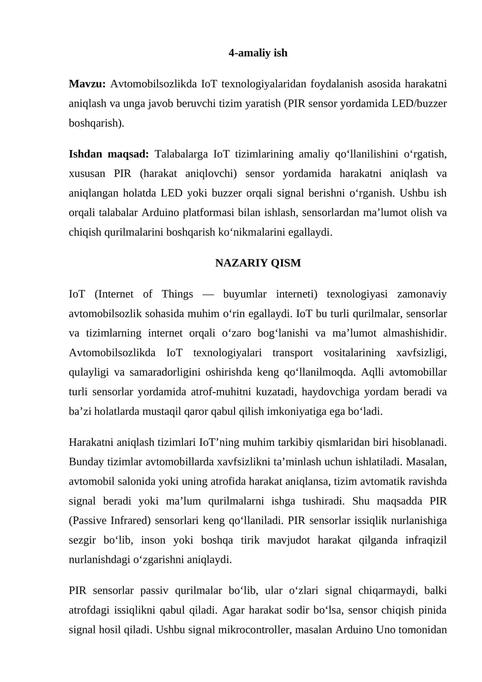 Avtomobilsozlikda IoT texnologiyalaridan foydalanish asosida harakatni aniqlash va unga javob beruvchi tizim yaratish (PIR sensor yordamida LED/buzzer boshqarish) 2
