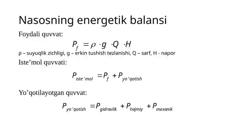 Markazdan qochmanasoslar ning ichki energiya yo'qotishlari va foydali ish ko'efitsienti 2