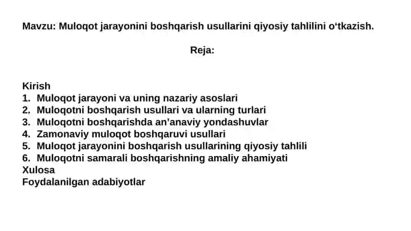 Muloqot jarayonini boshqarish usullarini qiyosiy tahlilini o‘tkazish 2
