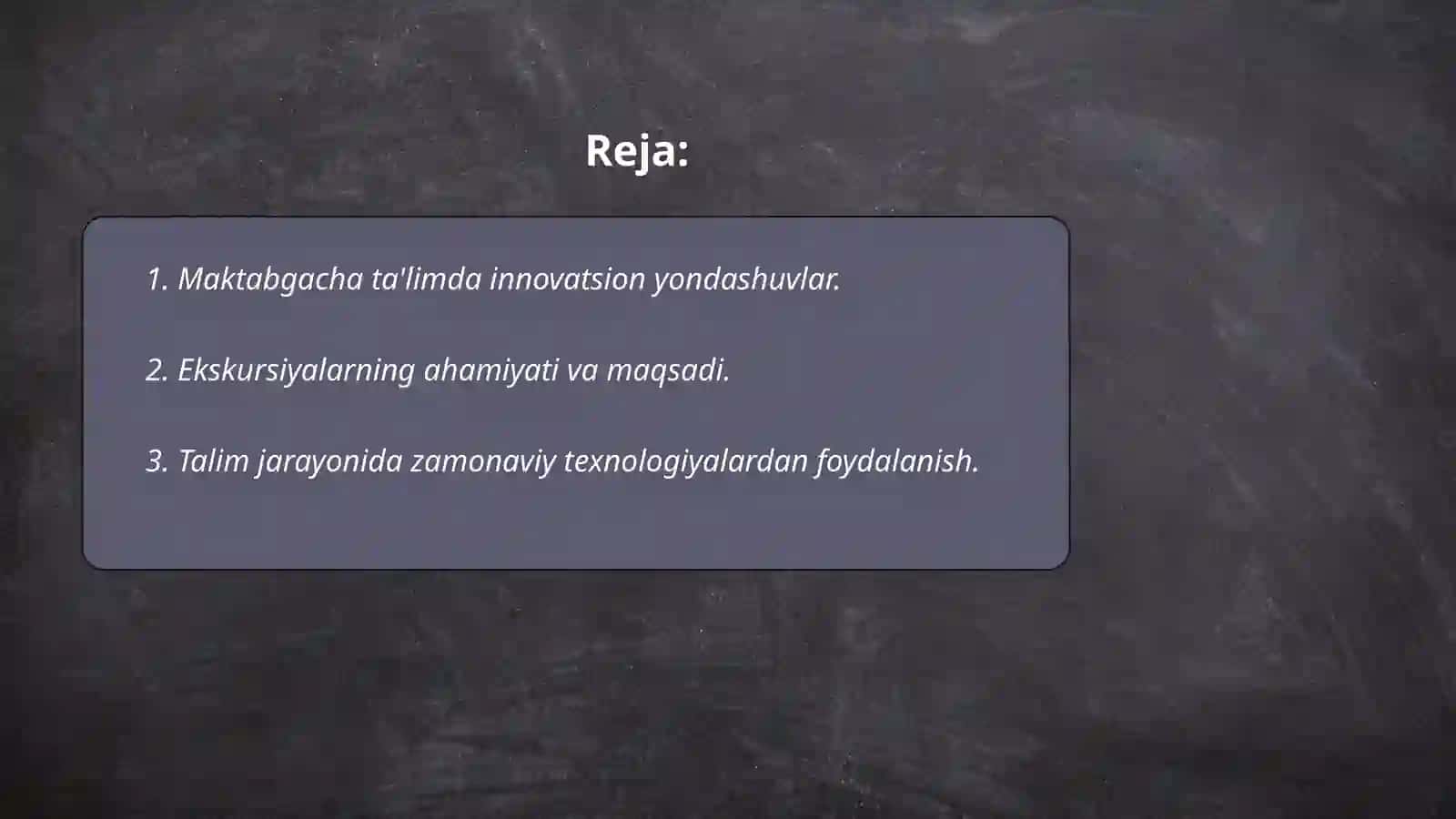 Maktabgacha ta'lim tashkilotlarida talim shakli Mashgulotga tarbiyachining inovatsion yondashuvi Maktabgacha ta'lim tashkilotlarida ekskursiyani o'tkazish mazmuni 2