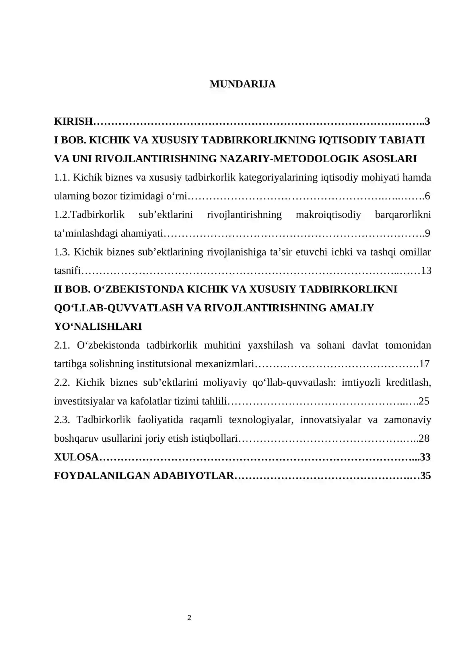 O‘zbekistonda kichik va xususiy tadbirkorlikni rivojlantirishning asosiy yo‘nalishlari. 2