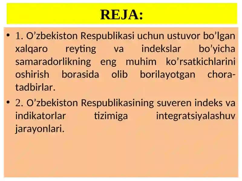 O'zbekiston Respublikasining xalqaro reyting va indekslardagi o'rni 2