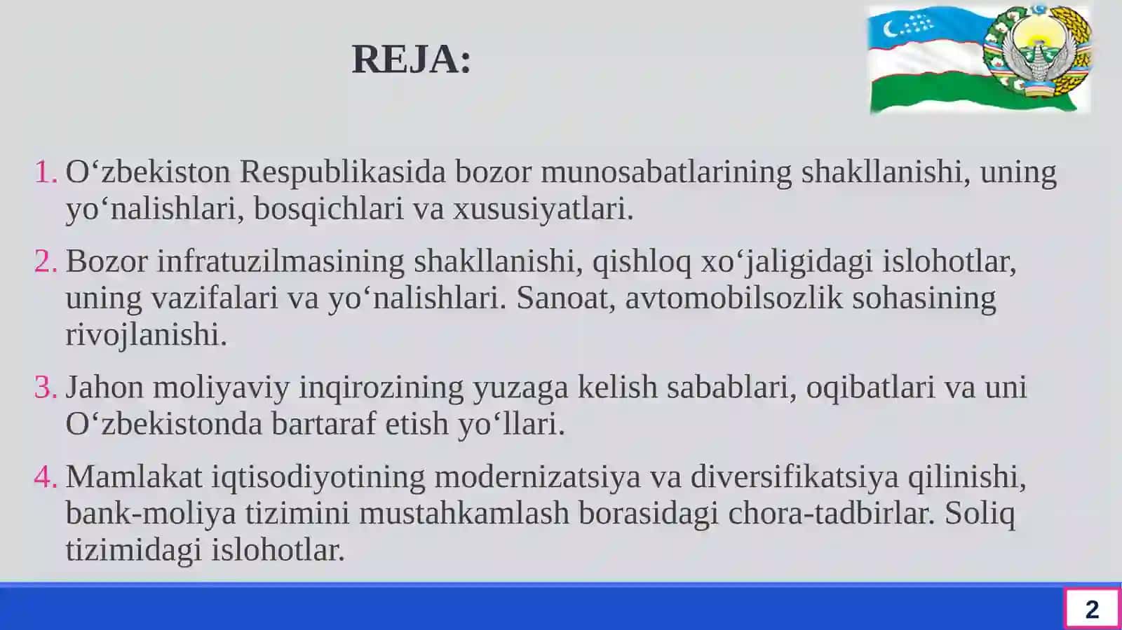 O‘zbekistonda iqtisodiy islohotlarning amalga oshirilishi, bozor munosabatlarining shakllanishi 2