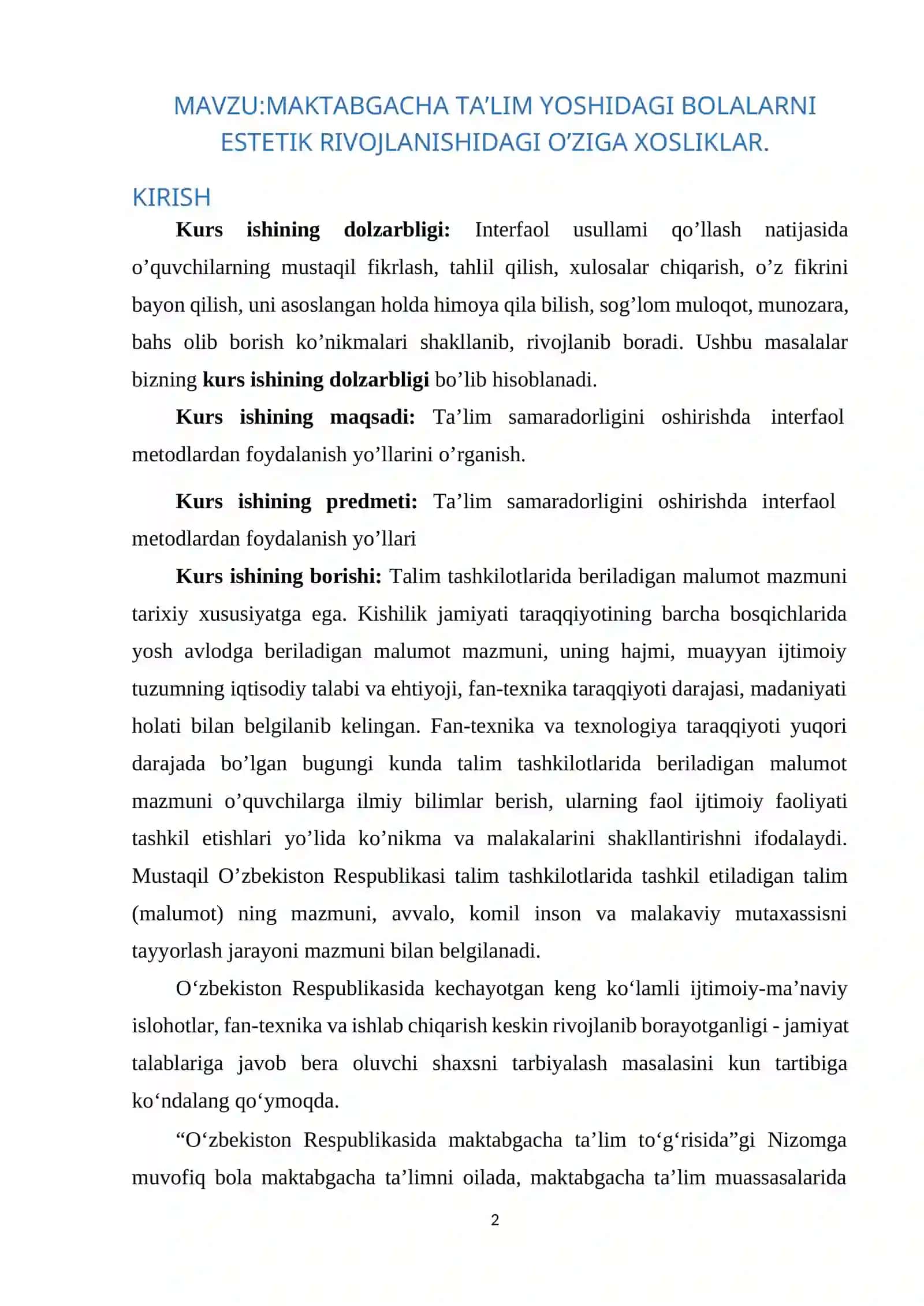 MAKTABGACHA TA’LIM YOSHIDAGI BOLALARNI ESTETIK RIVOJLANISHIDAGI O’ZIGA XOSLIKLAR 2
