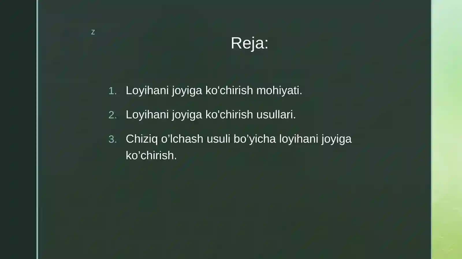 Chiziq oʻlchash usulida loyihani joyga koʻchirish geodezikishi 2