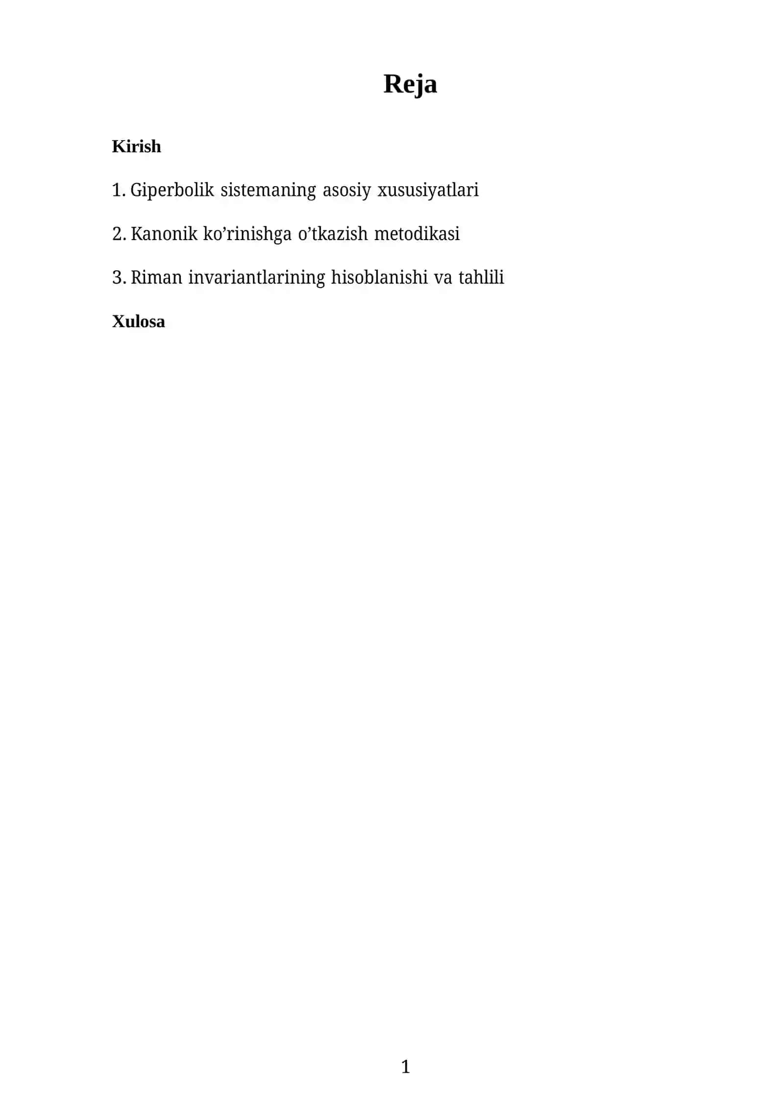 Nuqta atrofida ikki o’zgaruvchili giperbolik sistemani kanonik ko’rinishga keltirish. Riman invariantlari 2