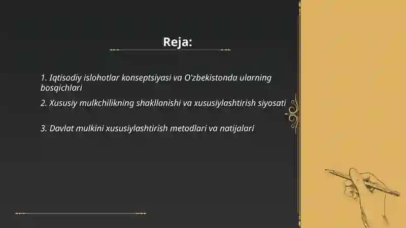 Iqtisodiy islohotlar, xususiy mulkchilikning shakllanishi. O'zbekistonda bozor munosabatlarining rivojlanishi 2