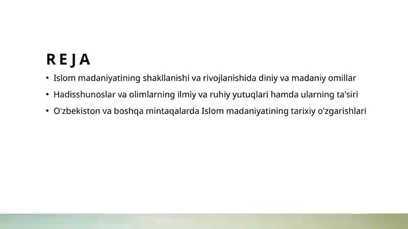 Islom madaniyatining tarkib topishi va rivojlanishi.Hadisshunos va olimlarning Islom madaniyatiga qóshgan hissasi 2