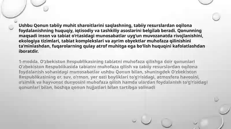Oliy majlis tomonidan chiqarilgan tabiatni muhofaza qilishga doir qonunlarni o‘rganish 2