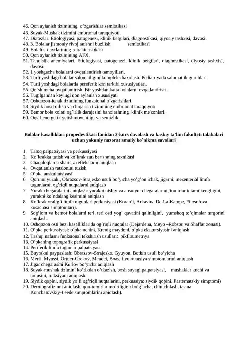 Bolalar kasalliklari propedevtikasi fanidan 3-kurs davolash va kasbiy ta’lim fakulteti talabalari uchun yakuniy nazorat savollari 2
