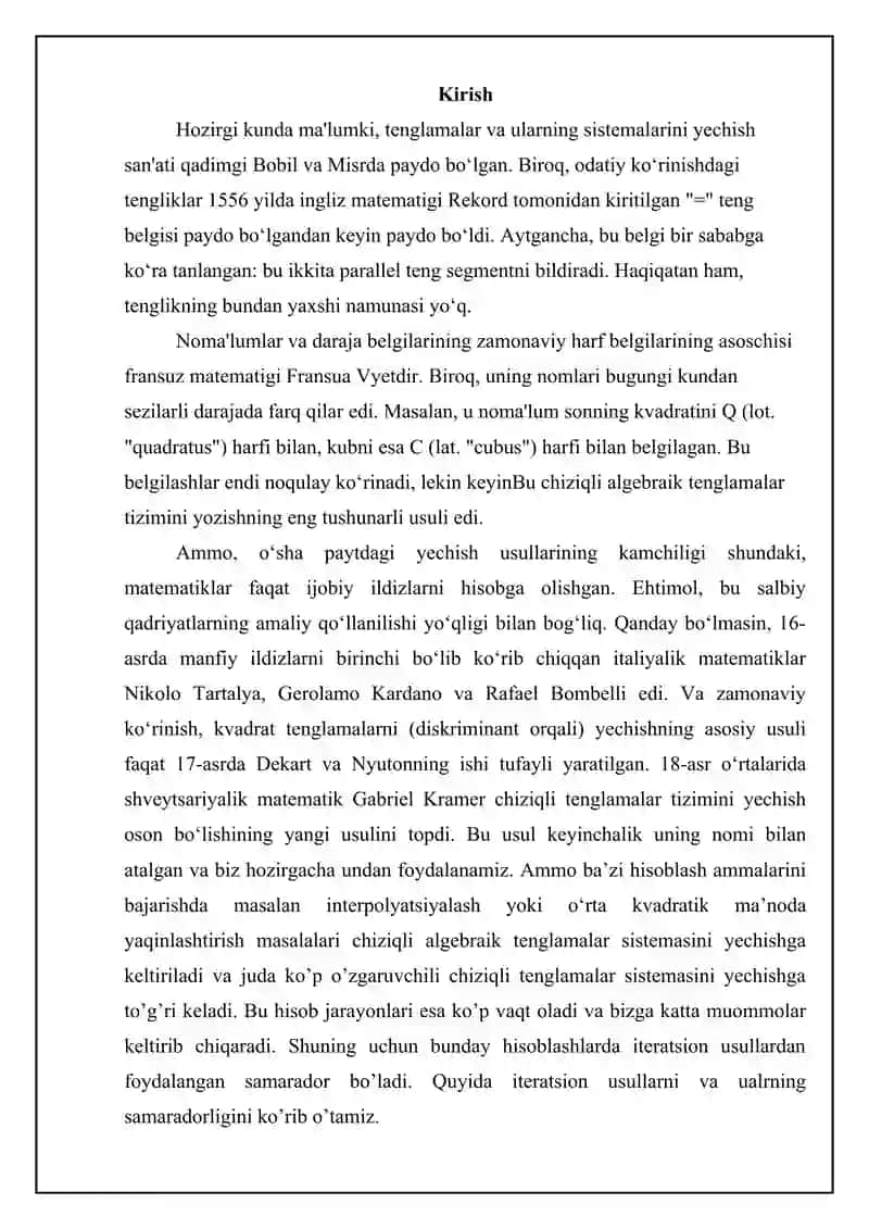 Chiziqli Algebraik Tenglamalar sistemasini yechish usullari. Zeydel usuli 2