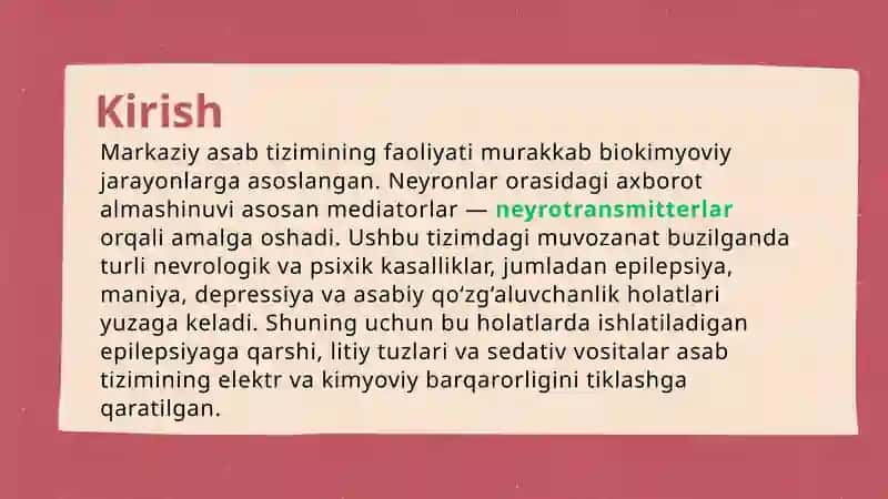 Epilepsiyaga qarshi vositalar.  Litiy tuzlari.  Sedativ vositalar. 2