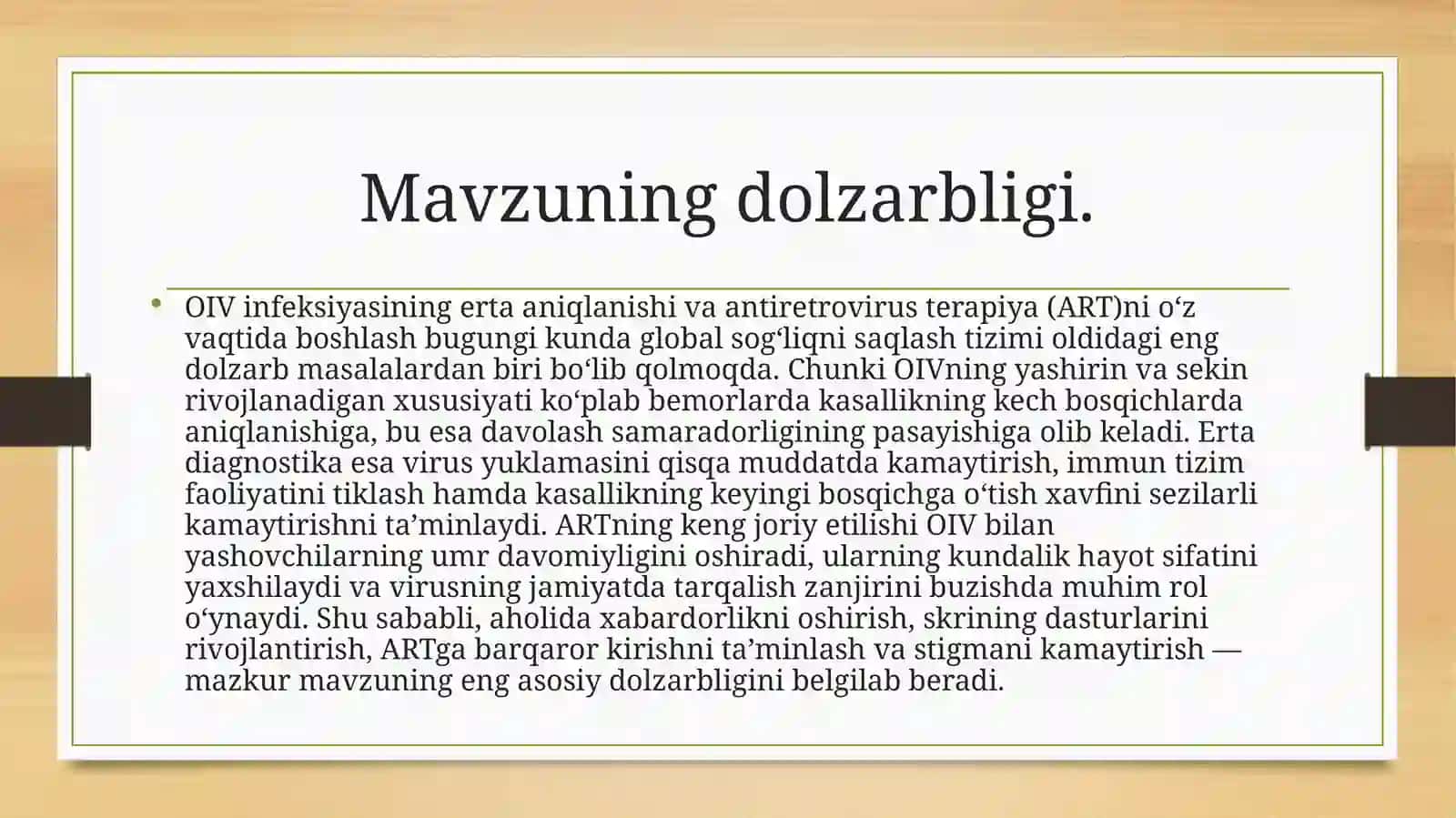 OIV INFEKSIYASINING ERTA ANIQLANISHI VA ANTIRETOCIRUS (ART) ORQALI OIV BILAN YASHOVCHI SHAXSLARNING HAYOT SIFATINI YAXSHILASH CHORALARI 2