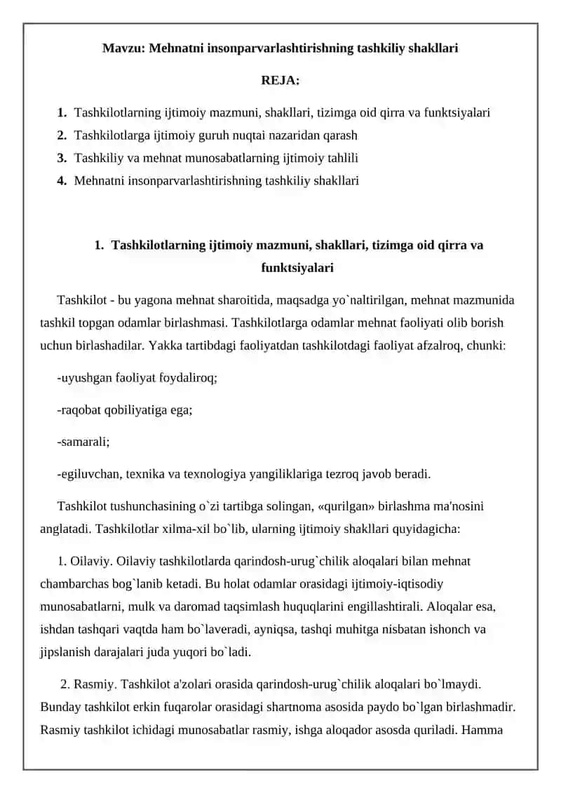Mehnatni insonparvarlashtirishning tashkiliy shakllari 2