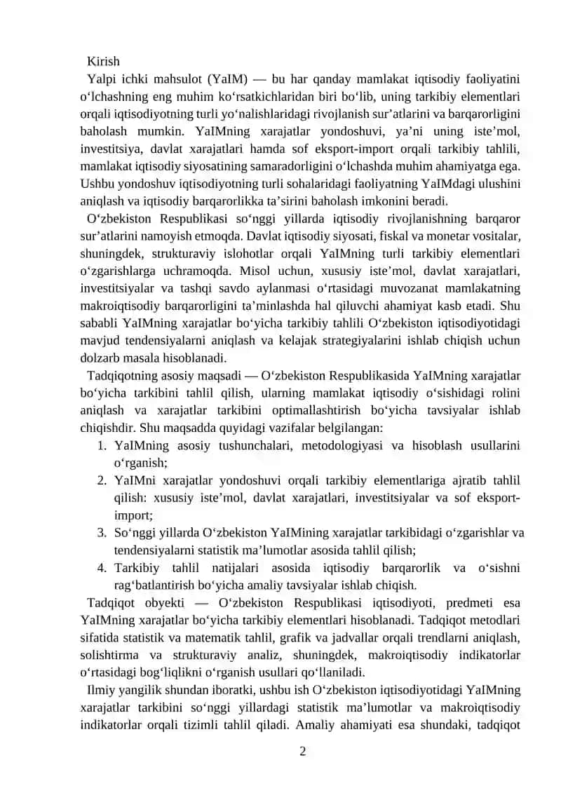 O'zbekiston respublikasida Yaimning xarajatlariga ko'ra tarkibiy tahlili 2
