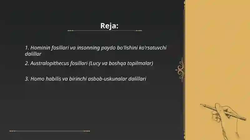 Quyidagi maqolalar paleontologik texnika bilan, odamning paydo bo'lishini isbotlashga oid dalillar bilan tanishmoq surprizz 2